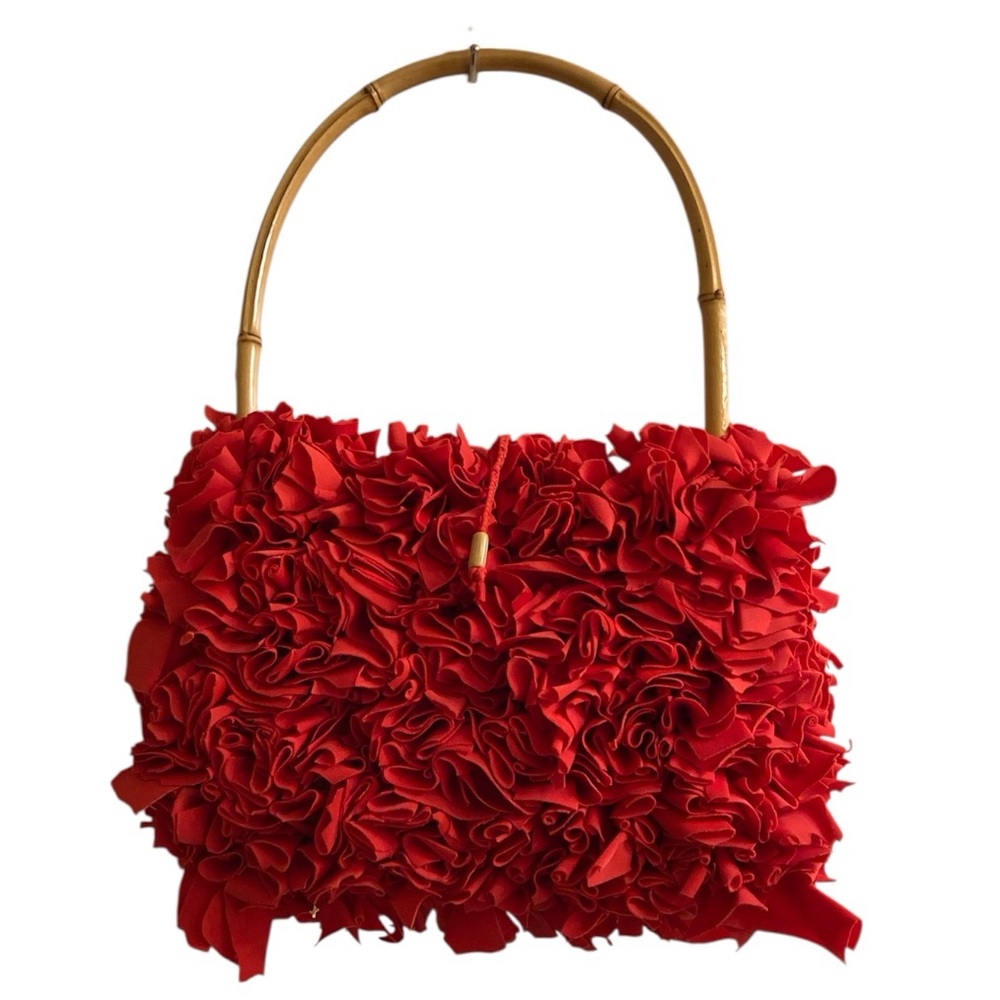Handmade Red Floral Handbag with Bamboo Handle